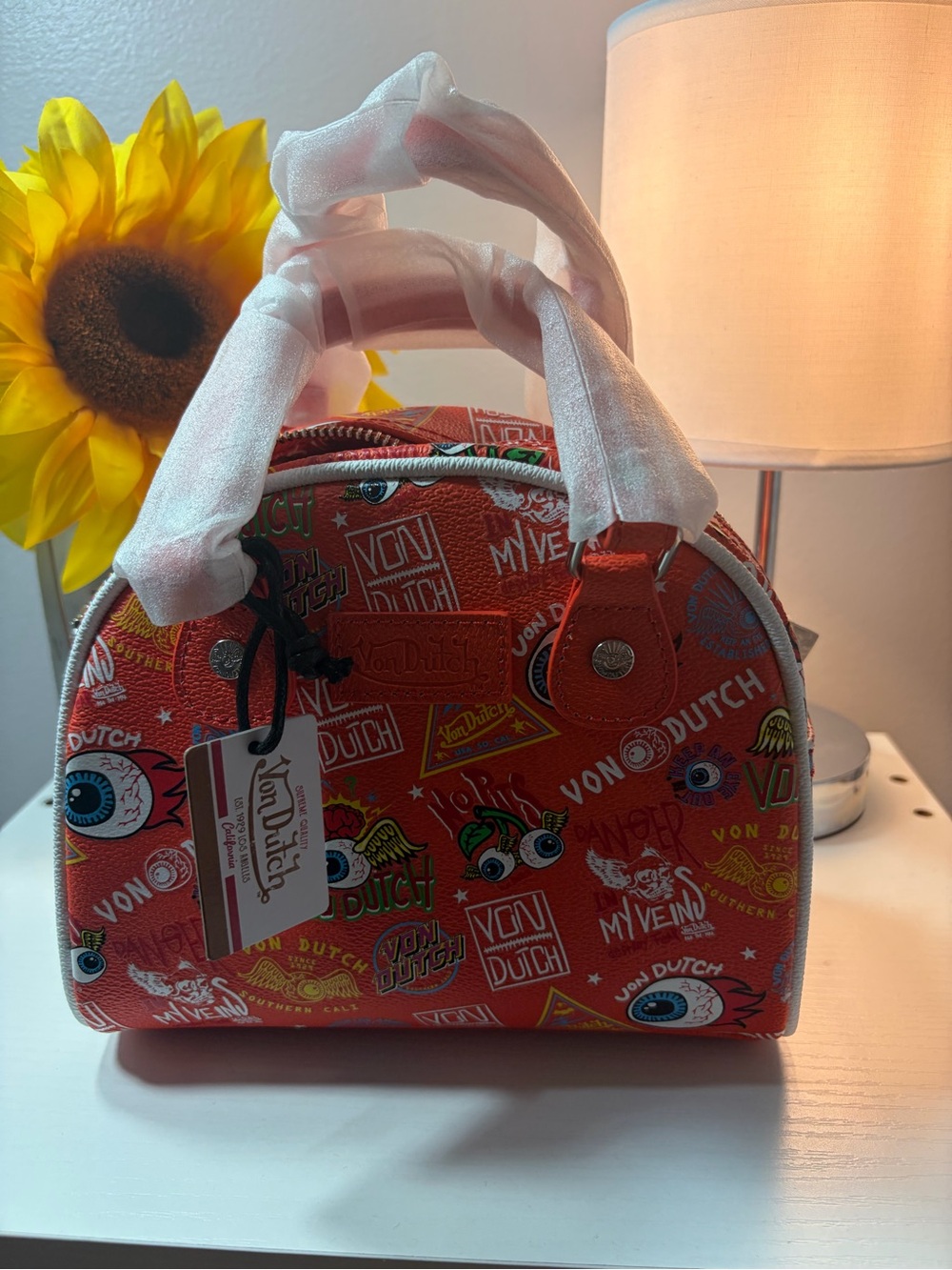 NWT Von Dutch Mini Orange Jax Bowling Bag Purse with Crossbody Strap
